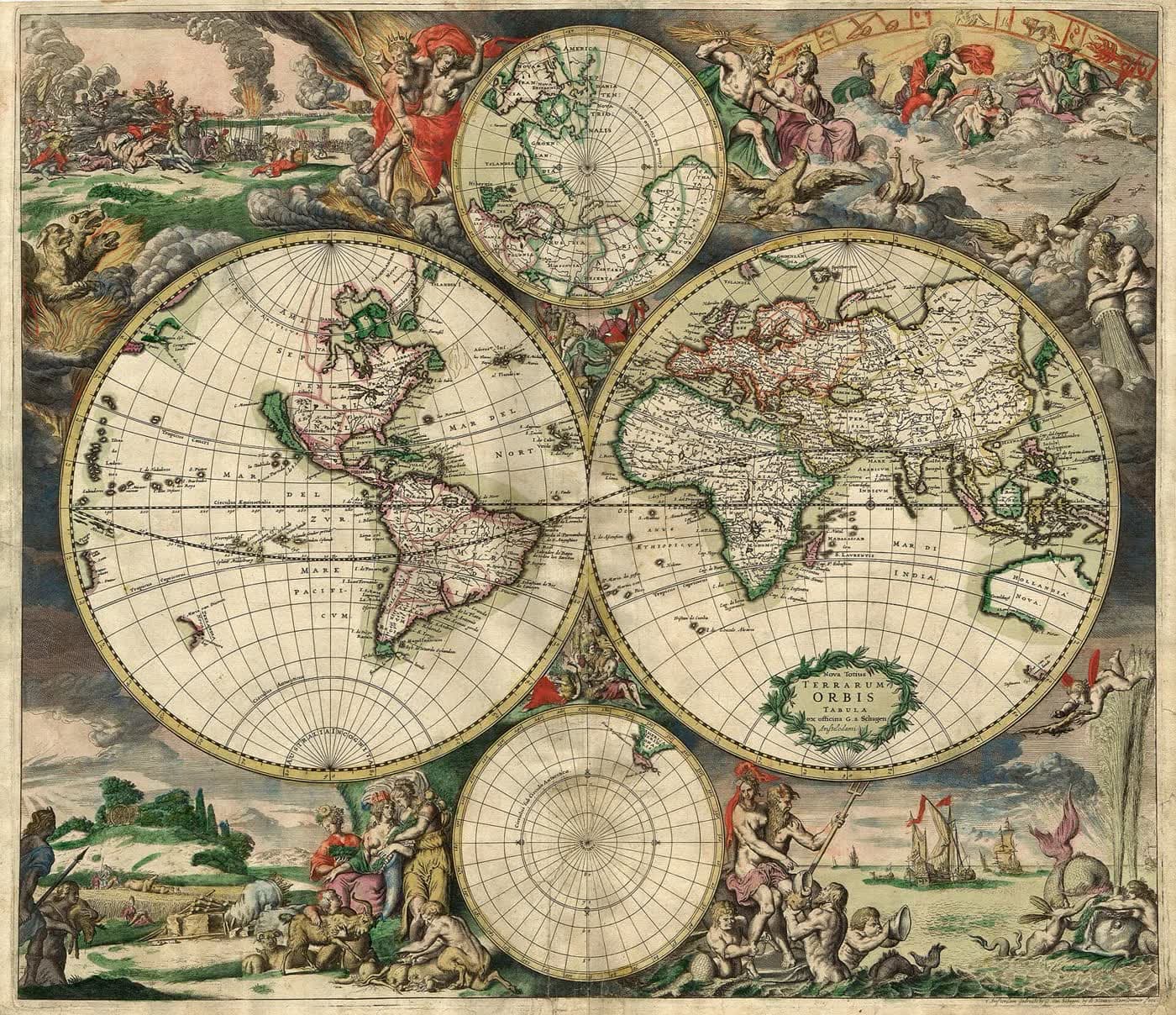 Hand-coloured world map from 1689 by Gerard van Schagen, showing both hemispheres