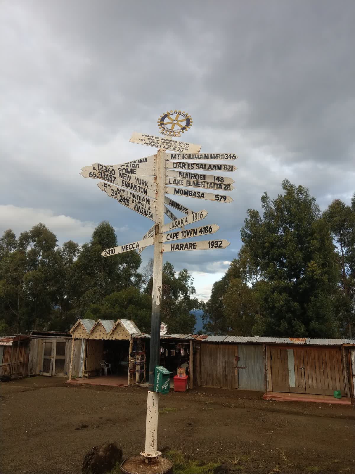 A white signpost with arms pointing toward cities around the world with distances