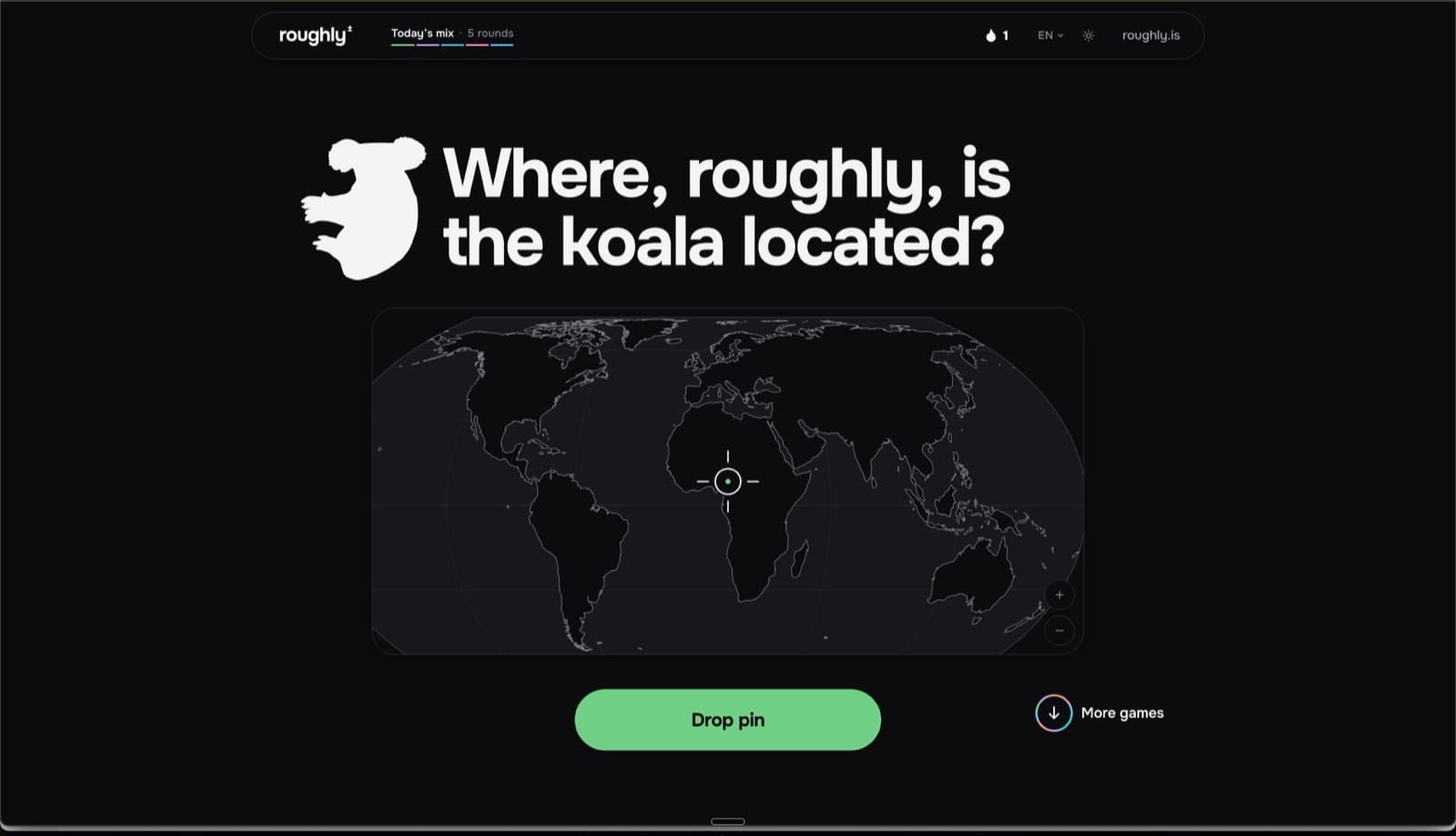 Where? game screen asking where the koala is located, with a dark world map and a crosshair over central Africa