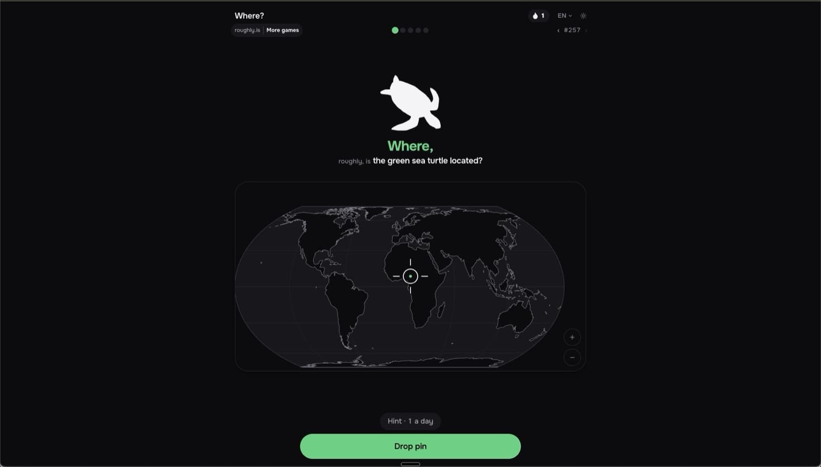 Where? round asking where the green sea turtle is located, round 257, with the hint button still available